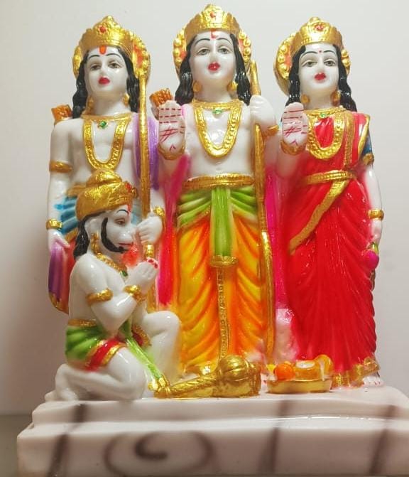 Ram Darbar idol depicting Lord Ram, Goddess Sita, Lord Lakshman, and Lord Hanuman.